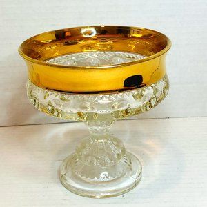 King's Crown Gold Rim Compote Clear Glass Dish Pedestal